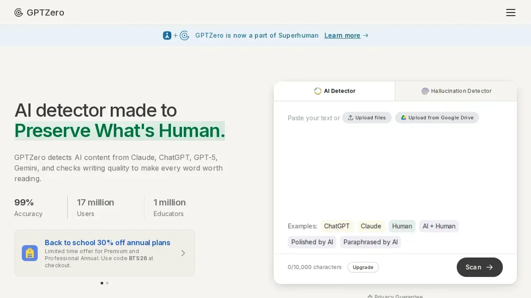 Screenshot of the GPTZero homepage, captured August 2026