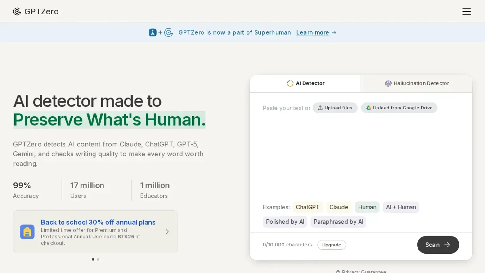 Screenshot of the GPTZero homepage, captured August 2026