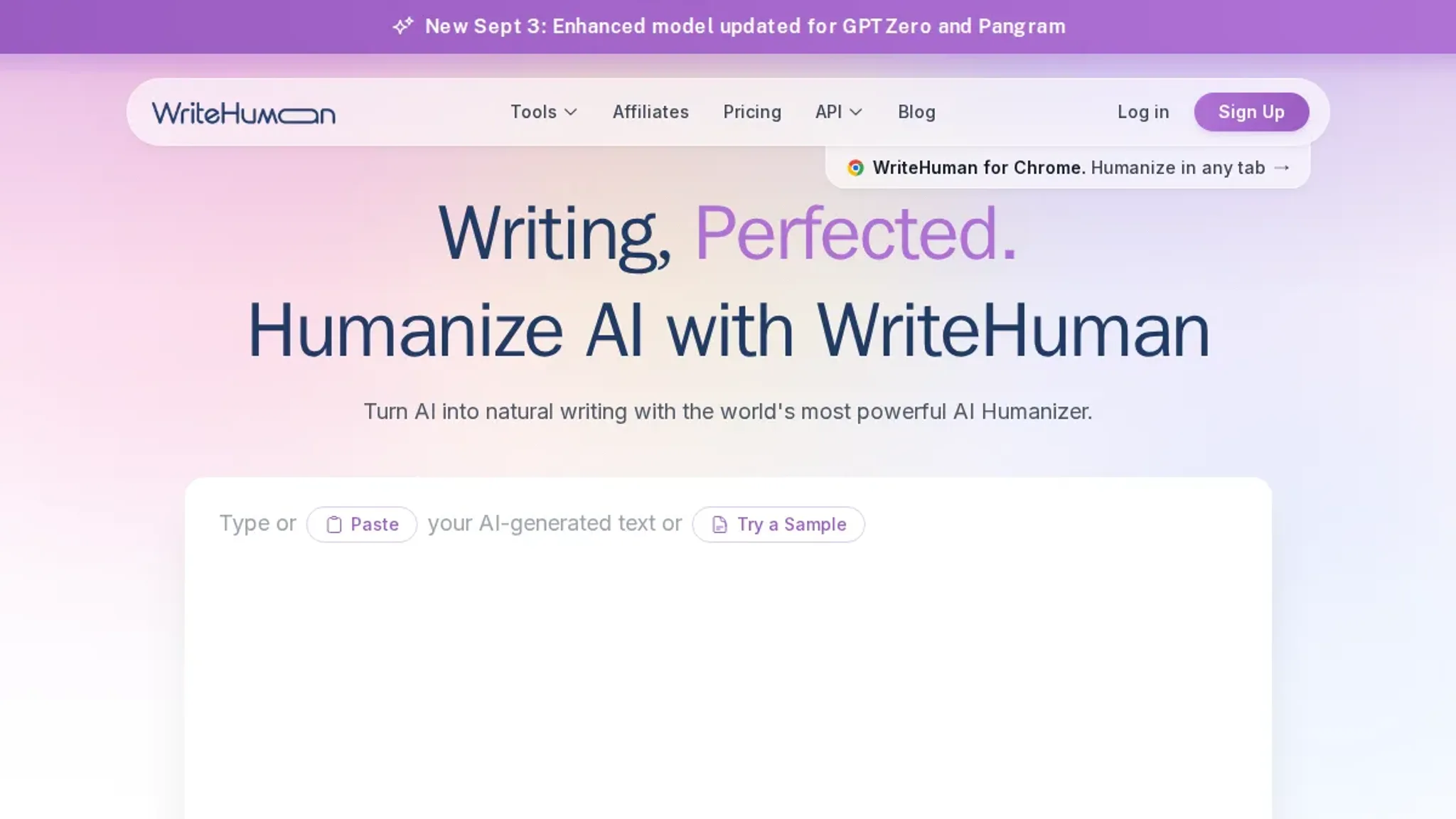 Screenshot of the WriteHuman homepage, captured September 2026