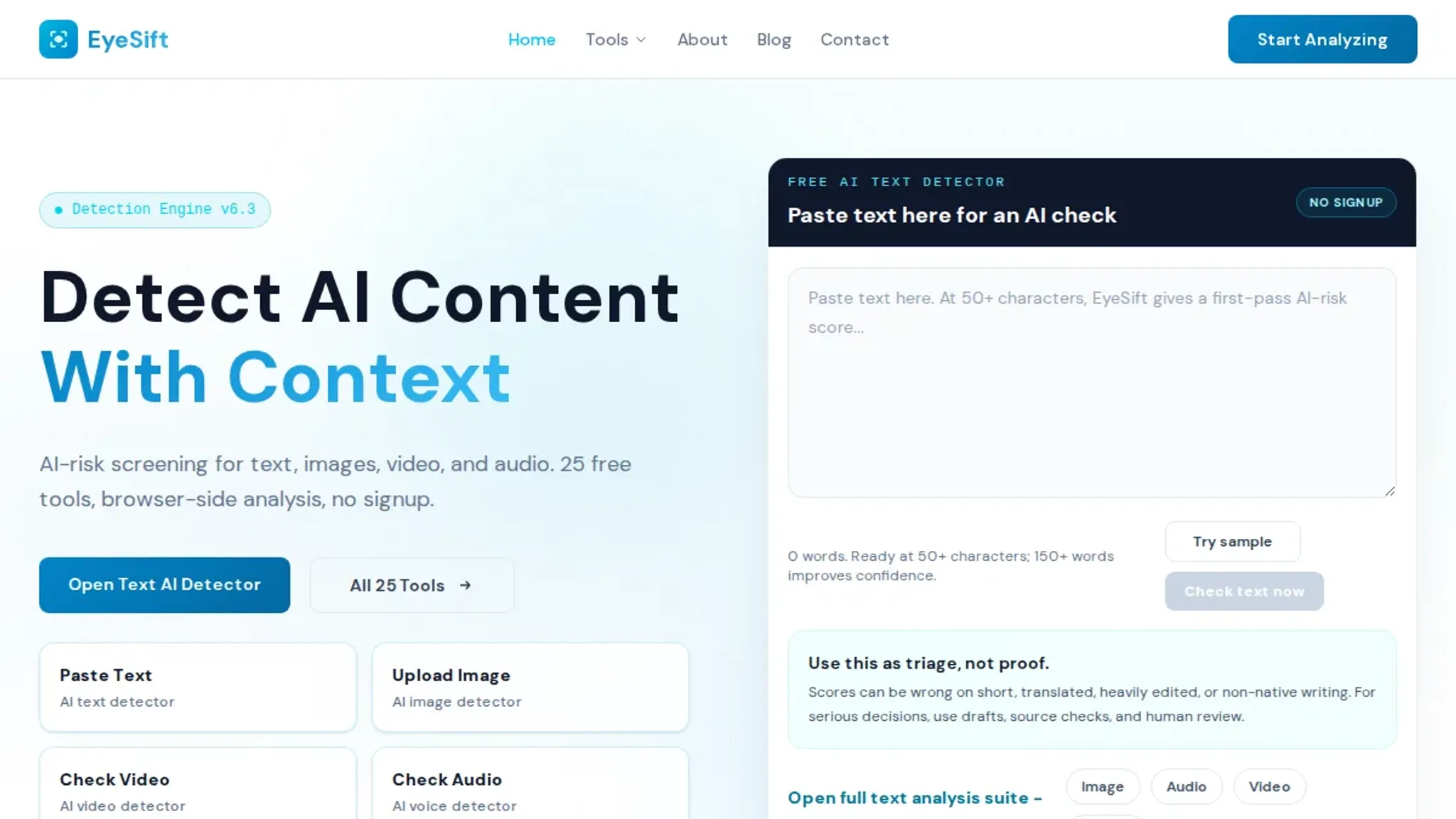 Screenshot of the eyesift.com homepage, captured September 2026