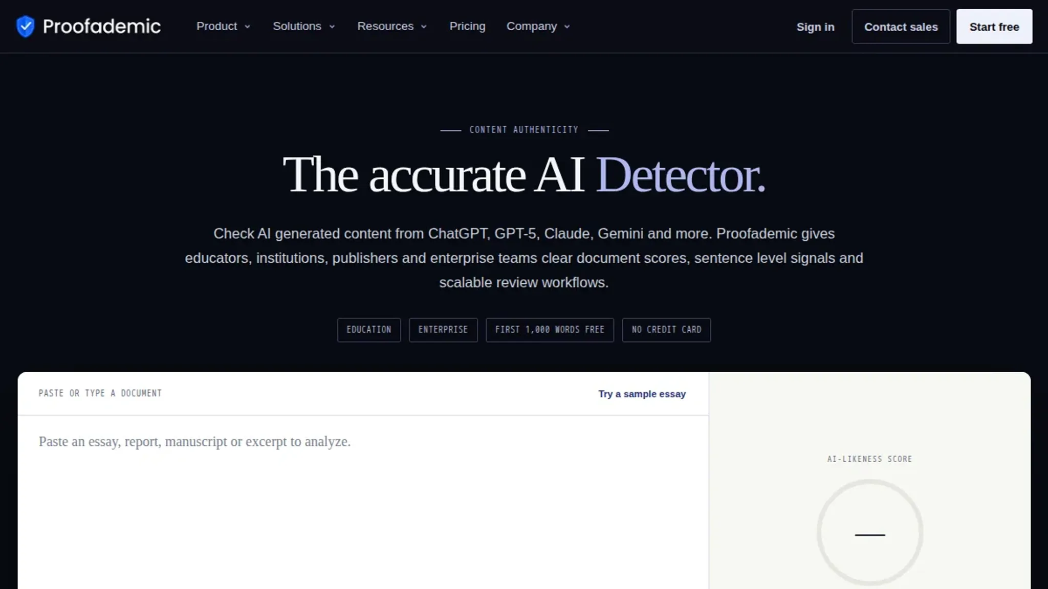 Screenshot of the Proofademic AI detector homepage, captured October 2026
