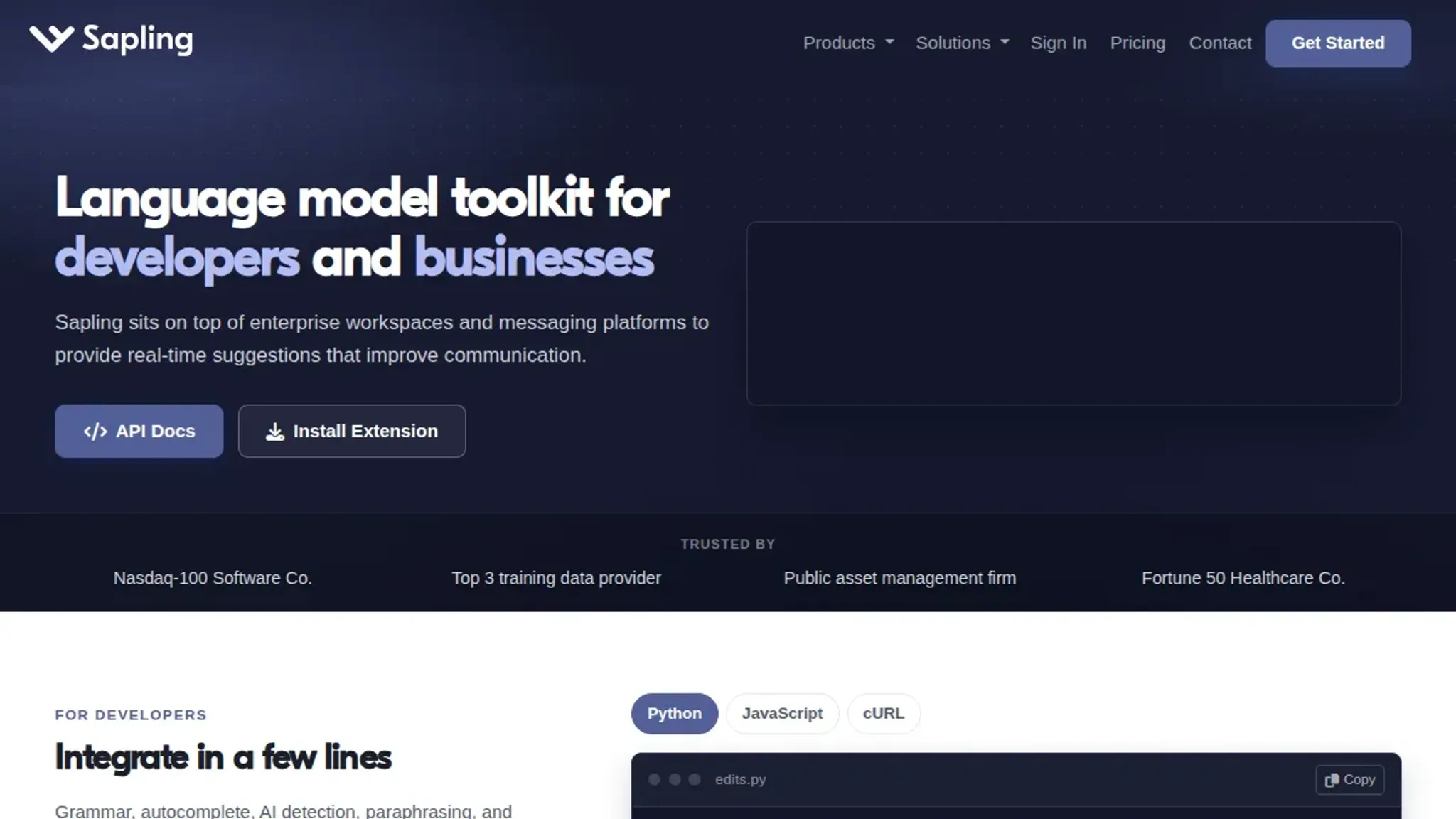 Screenshot of the Sapling homepage, captured August 2026
